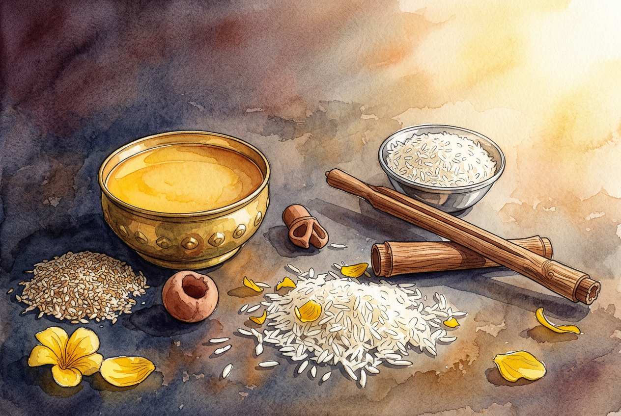 Pure puja samagri: herbs, ghee and sacred wood